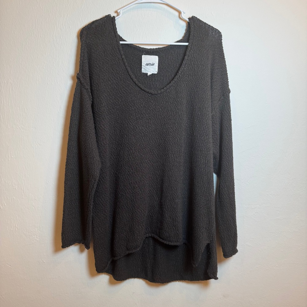 Aerie Womens Charcoal Grey Textured V-Neck High-Low Oversized Sweater Medium